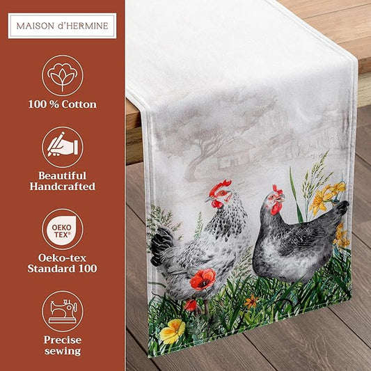 Maison d' Hermine Table Runner 100% Cotton Double Layer Table Runners 108 inches Long Decorative for Home Kitchen Dining Party Wedding Bridal Shower Spring Summer (Basse Cour, 14.50" x 108")