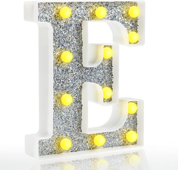Pooqla Light Up Letters, LED Marquee Letters for Silver Birthday Decorations, Battery Powered Night Light Teenager Girl Room Decor, Gift for Girls Boys Wedding Bedroom Christmas Party Decor, Letter E