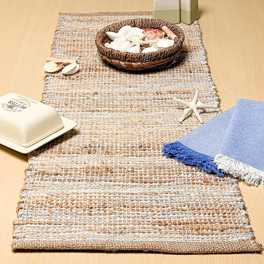 Chardin home Natural Jute Table Runner 13x48 Inch – Vintage Boho Rustic Table Decor – Handwoven Table Runner in Natural Jute and Sky Blue-White – Farmhouse Dining or Console Table Accent