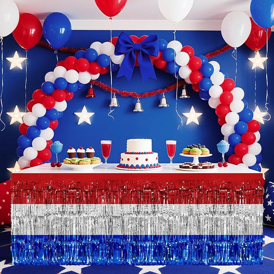 2 Pack Red&White&Blue Table Skirts, 29x108" Metallic Foil Tinsel Fringe Table Skirt for Rectangle Tables Streamer Curtains Backdrop, Party Decorations for Birthdays, Weddings, Holidays