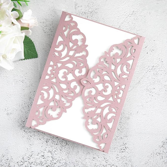 20Pcs Dusty Rose Laser Cut Invitation Cards With Blank Inner Sheets for Wedding Cards Bridal Shower Engagement Quinceanera Invitation (No Envelopes)