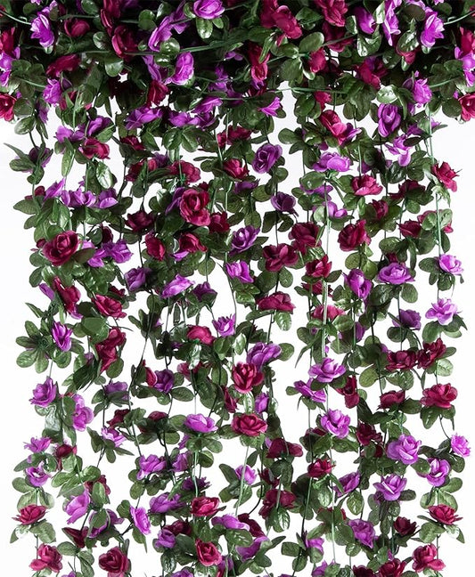 6 Pcs x 8.2 ft Flower Garland Artificial Rose Vine Flowers with Green Leaves Hanging Fake Roses Vine for Room Party Home Wedding Birthday Christmas Wall Arch Decor, Spring Purple Flower