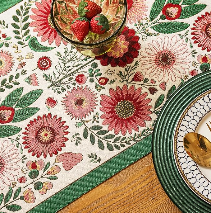 13×72 Inch Table Runner, Retro-Luxury Tassels Series for Kitchen Dining Table Holiday Decoration (Spring Blossom)