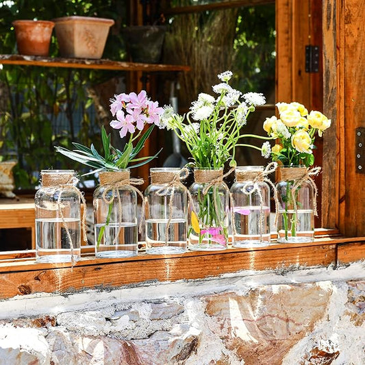 Set of 6 Vintage Glass Vases for Flowers Farmhouse Clear Glass Vases for Centerpieces Small Flower Vases with Twine Ties for Wedding, Parties & Home Decor