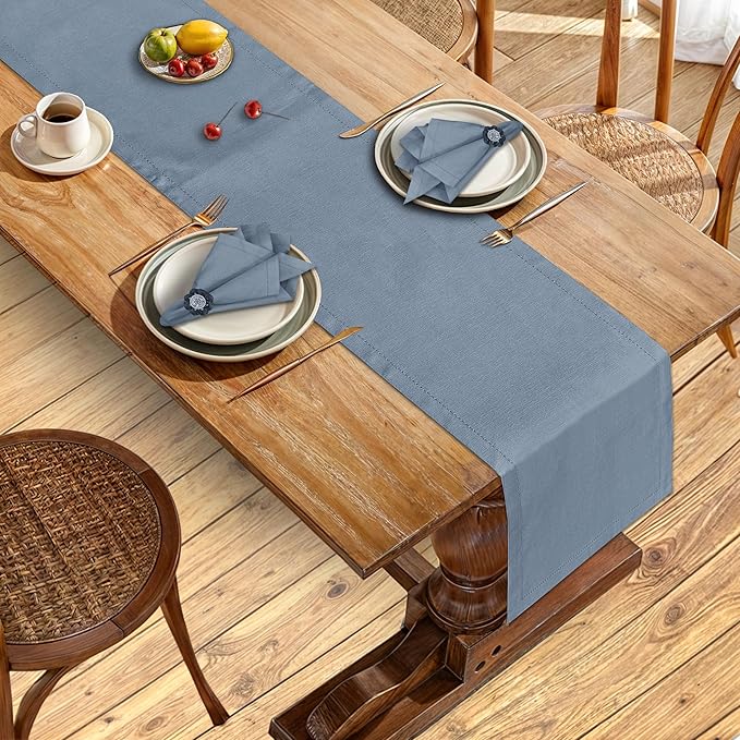 Ruvanti Linen Table Runner 108 Inches, Classic Hemstitch, Washable, Reusable, Non-Slipping, Stain Resistant- Perfect for Parties, Weddings, Dinners, Thanksgiving, Christmas, Indoor use – Grey