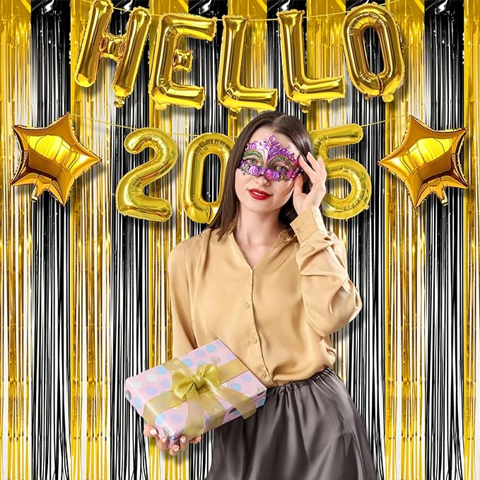 BRAVESHINE 3.2 x 8.2 ft Black Gold Foil Fringe Curtains - 2 Pack Metallic Photo Booth Streamers Backdrop for Boy Men Birthdays/New Years/Graduates/Homecoming/Farewell/Prom/Ramarak Party Decorations