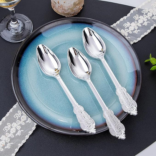 WDF 100 Piece Silver Plastic Spoons Disposable - 6.93 Inch Baroque Silver Silverware for Dessert Cake - Heavy Duty Plastic Spoons for Christmas Party, Wedding or Daily Using