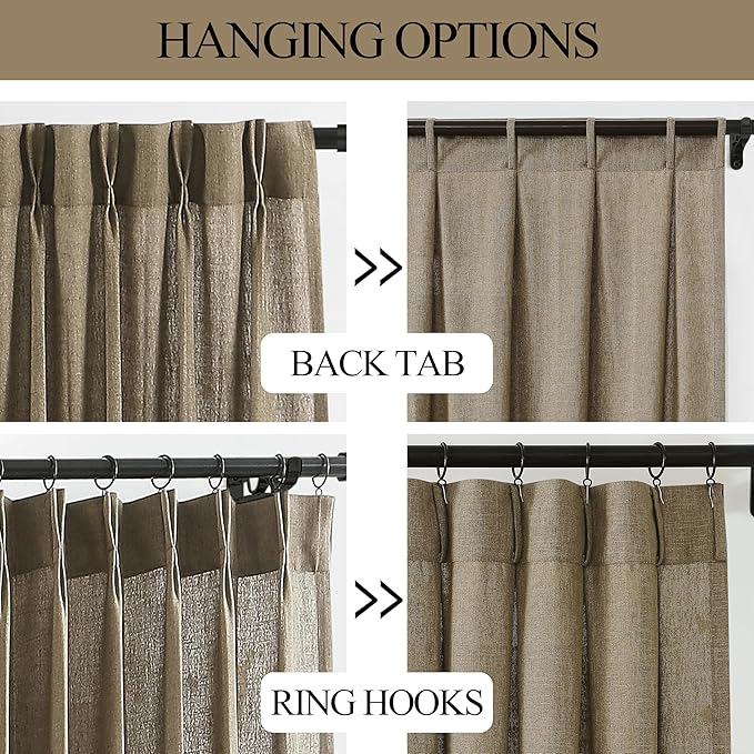 Vision Home Brown Pinch Pleated Semi Sheer Curtains Textured Linen Blended Light Filtering Window Curtains 120 inch for Living Room Bedroom Pinch Pleat Drapes with Hooks 10ft 2 Panels 40" Wx120 L