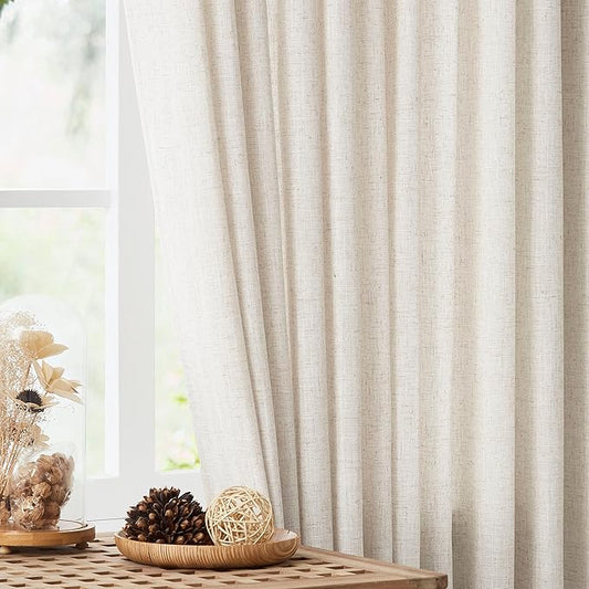 Vision Home Natural Pinch Pleated Semi Sheer Curtains Textured Linen Blended Light Filtering Window Curtains 102 inch for Living Room Bedroom Pinch Pleat Drapes with Hooks 2 Panels 42" Wx102 L