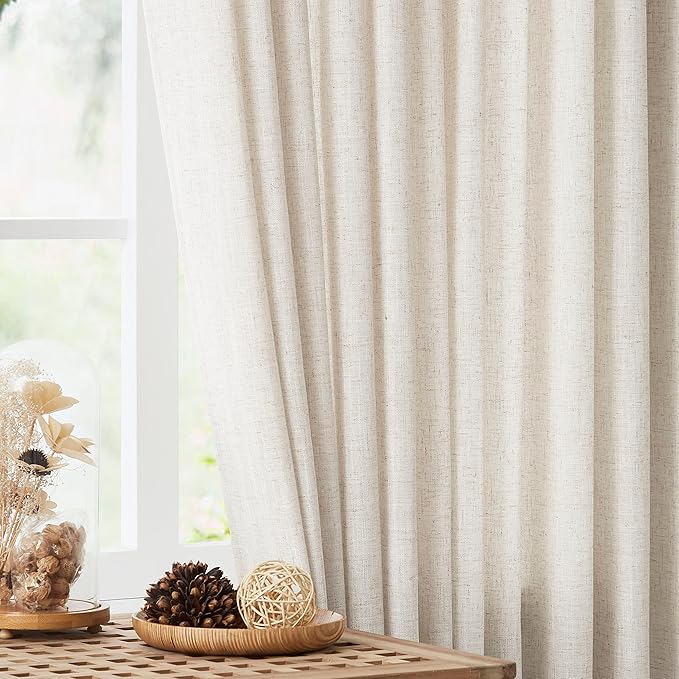 Vision Home Natural Pinch Pleated Semi Sheer Curtains Textured Linen Blended Light Filtering Window Curtains 108 inch for Living Room Bedroom Pinch Pleat Drapes with Hooks 2 Panels 9ft 42" Wx108 L