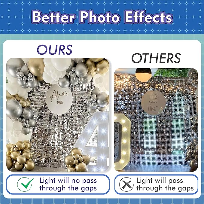 Qcity Light Gold Shimmer Wall Backdrop 24PCS, Black Back Not See-Through Design, Square Sequin Glitter Backdrop Panel, Perfect for Outdoor Events, Birthdays, Wedding and Party Decoration