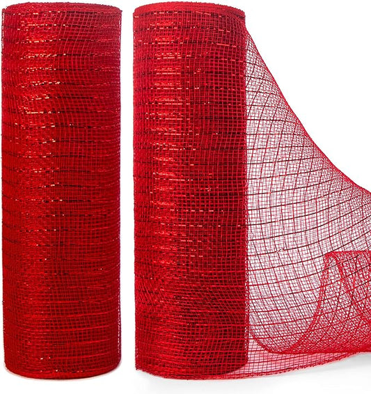 Ribbli 2 Rolls Red Mesh Ribbon,10 inch x 30 feet(10Yard) Each Roll,Metallic Red with Foil,Christmas Ribbon for Wreath Swags and Decorating