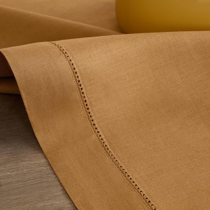 Solino Home Linen Brown Sugar Table Runner 132 Inches Long - 100% Pure Linen Extra Long Table Runner 14 x 132 Inch for Fall, Autumn, Thanksgiving - Classic Hemstitch