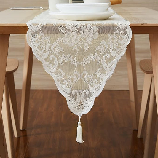 LinenZone Ivory Table Runner with 2 Tassels for Rustic Vintage Decor. Lace Table Runner Works Great As Wedding, Thanksgiving, Christmas Decor (Mia 14 x 36, Ivory)
