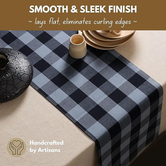 Native Fab Table Runner Buffalo Check Plaid 100% Cotton - 13x72 Inches Kitchen Dining Table Decoration for Indoor Outdoor Farmhouse Home Party Decor - Black, Grey