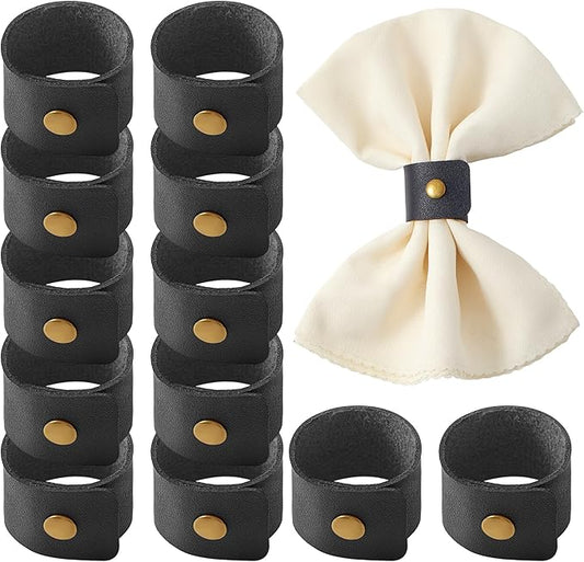 APTWOW Leather Napkin Rings Set of 12 - Fall Thanksgiving Napkin Holder, Black Halloween Vintage Farmhouse Napkin Rings Bulk for Wedding Party Birthday Banquet Table Decor and Daily Use