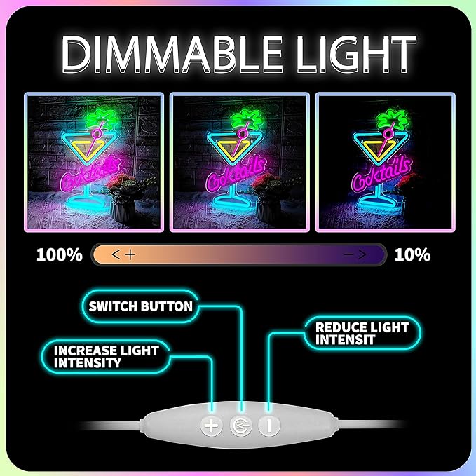 Cocktails Neon Sign Cocktail Glass LED Neon Signs Art Wall Lights for Beer Bar Decor Dimmable USB Powered Martini LED Neon Light for Party, Cocktails Bar, Pub, Night Club, Man Cave Decoration