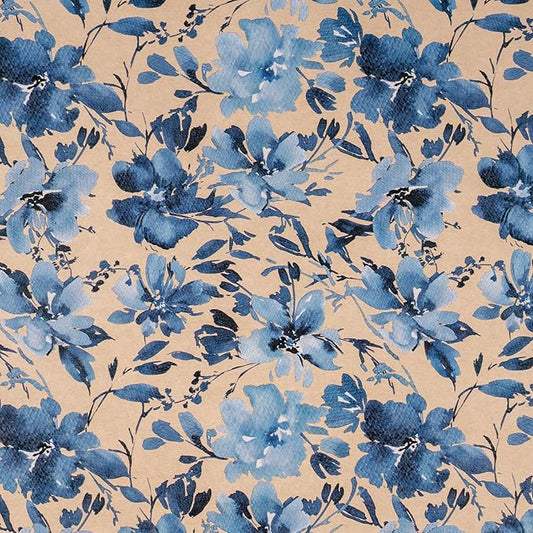 RUSPEPA Blue Floral Wrapping Paper Roll, 17 in x 16.4 ft, Mini Roll, Indigo Gift Wrap, Watercolor Flower Kraft Wrapping Paper Roll for Girls, Women, Spring, Wedding and Birthday