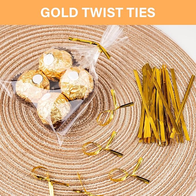 ZHEWTOEN Cellophane Bags, 100 Pcs 4x6 Inch Cellophane Treat Bags with Color Twist Ties, Clear Plastic Goodie Cello Treat Candy Bags for Cookies, Popcorn, Small Gift Wrapping, Party Favors
