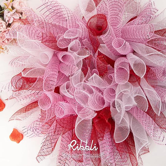 Ribbli 2 Rolls Light Pink Mesh Ribbon,10 inch x 30 feet(10Yard) Each Roll,Metallic Light Pink with Pink Wide Foil,Use for Wreaths Swags,Valentine’s Day and Christmas Decoration