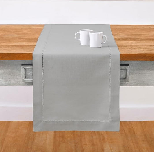 Solino Home Light Grey Table Runner 60 Inches - Cotton Linen Hemstitch Coffee Table Runner 14 x 60 Inch Ideal for Dresser Tables - Fall, Autumn, Halloween, Thanksgiving, Christmas, Holiday