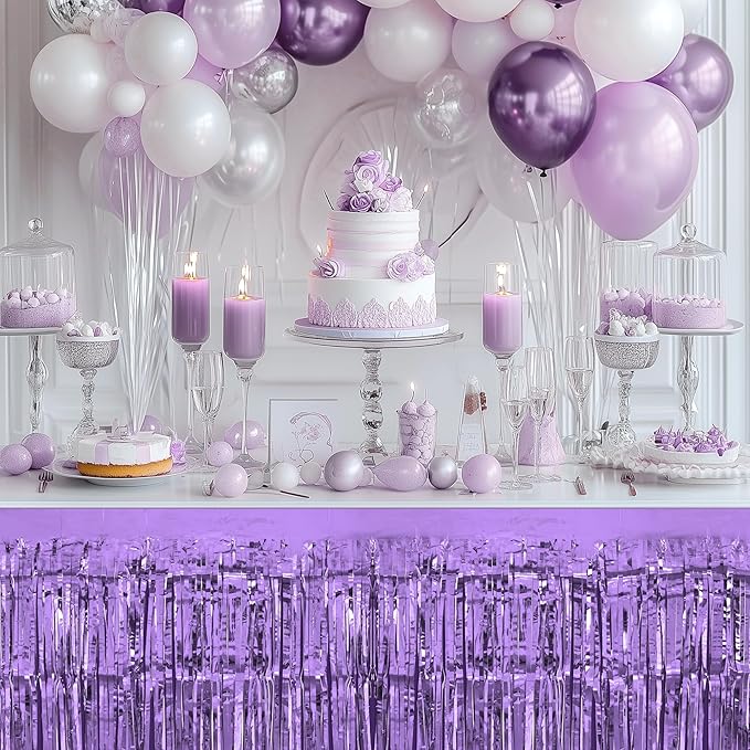 2 Pack Light Purple Table Skirts, 29x108" Metallic Foil Tinsel Fringe Table Skirts for Rectangle Tables Streamer Curtains Backdrop, Party Decorations for Birthdays Weddings Holidays