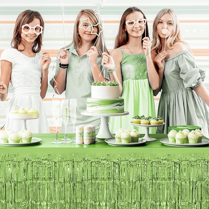 4 Pack Light Green Table Skirts, 29x108" Metallic Foil Tinsel Fringe Table Skirts for Rectangle Tables Streamer Curtains Backdrop, Party Decorations for Birthdays Weddings Holidays