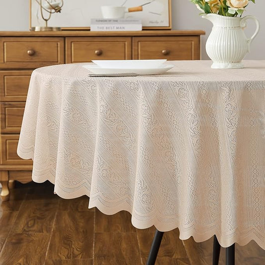 LinenZone Lace Round Tablecloth with Elegant Scalloped Bottom for Any Special Event Such as Wedding, Birthday Party, Baby Shower, Anniversary. Sits 6 to 8 People. (Linda 90 Round, Linen)