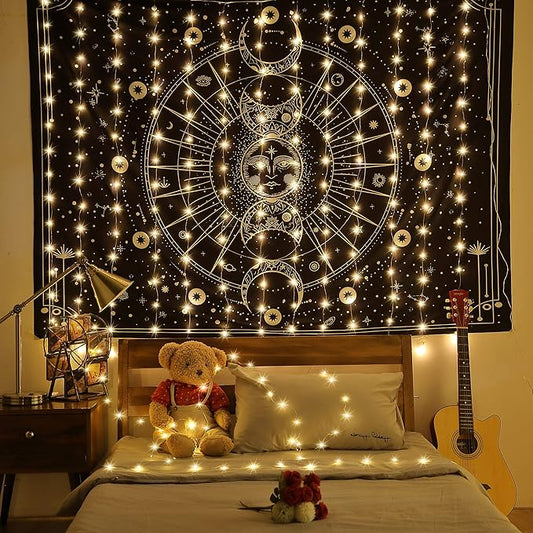 Meonum Curtain Tapestry Backdrop String Lights, Each 13 Strings 6.6 x 5 ft Tapestry Fairy String Light, 8 Modes Window Wall Hanging Light Strings for Bedroom Christmas Curtain Decor(3 Pack)