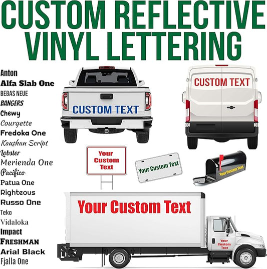 Custom Reflective Vinyl Lettering Decal Sticker Design, Personalize for Car Van Truck Trailer Window Glass & More | Engineering Grade, Meets or exceeds Federal Specifications