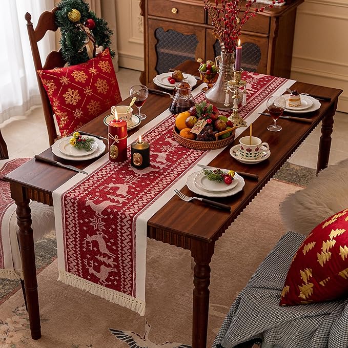 Table Runners 48 Inches,Elk Table Runner with Tassel Fringe,Christmas Table Runner for Party，Coffee Table, Festival