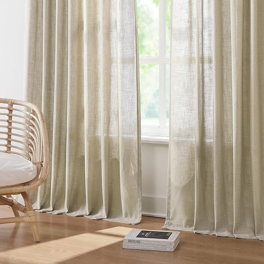 Vision Home Sand Pinch Pleated Semi Sheer Curtains Textured Linen Blended Light Filtering Window Curtains 108 inch for Living Room Bedroom Patio Pinch Pleat Drapes with Hooks 1 Panel 84" Wx108 L