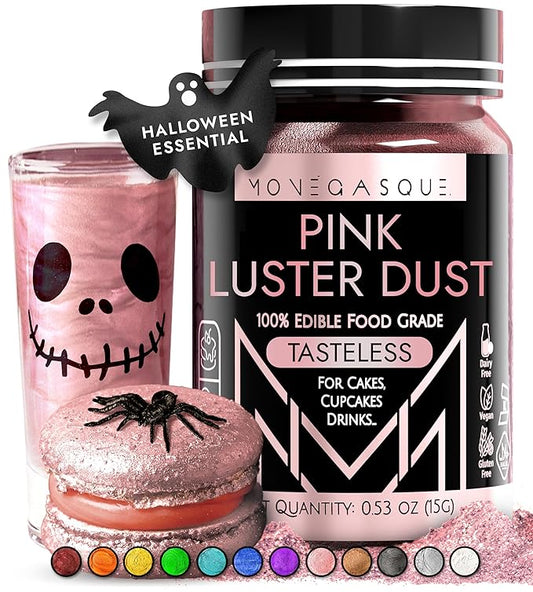 MONÉGASQUE Pink Edible Glitter for Drinks 15g – Pink Edible Glitter for Cakes – Luster Dust for Drinks, Food, & Cake Decorating – Halloween Cocktail Drink Shimmer – Cocktails & Cake Decorations Spray