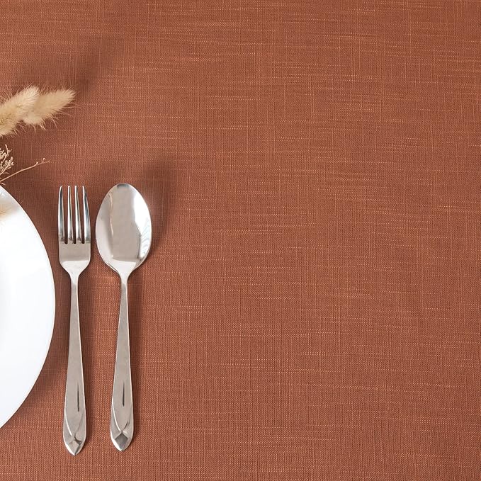 maxmill Lux Faux Linen Table Cloth with Slubby Texture Wrinkle Resistant Soft Anti-Shrink Tablecloth for Kitchen Dining Tabletop Fall Harvest Thanksgiving Parties Dinner Rectangle 52 x 70 Inch Rust