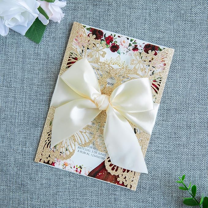 20 PCS 5.12x7.2 Butterfly Quinceanera Invitation, Laser Cut Wedding Invitation Cards with Envelopes for XV Anos Bridal Shower Baby Shower Invite (Light Gold)