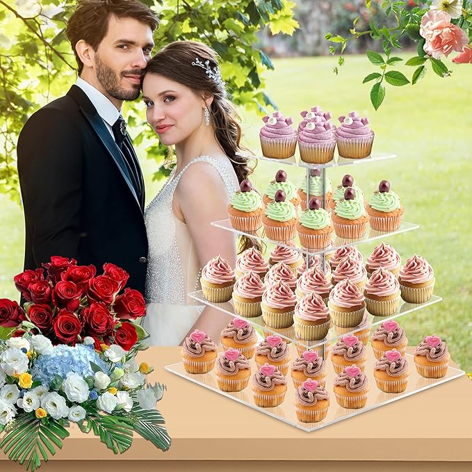 YestBuy 4 Tier Acrylic Cupcake Stand, Premium Cupcake Holder, Acrylic Cupcake Tower Display Cady Bar Party Décor â Display for Pastry(4.7" Between 2 Layers)