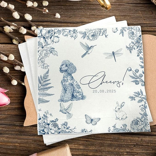 Luxury Personalized Dog Wedding Napkins, Custom Wedding Cocktail Napkin, Blue Floral Cocktail Napkins, Blue and White Flower Paper for Bridal, Engagement Party, Bridal Shower