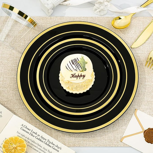 BESTVIP 300PCS Black Gold Dinnerware Set for 50 Guests, Plastic Plates for Halloween Party and Christmas, 50 Disposable Plates, 50 Dessert Plates, 50 Cups, 50 Spoons, 50 Forks and 50 Knives