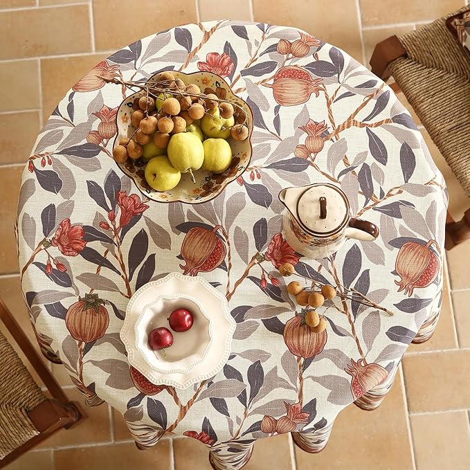patdrea Designer Linen Round Tablecloth,Vintage Pomegranates and Leaves Tree Tablecloths,Fall Table Decor Cover for Kitchen Dining Christmas,Thanksgiving,Tea Party,Diameter 67"-Tehran a