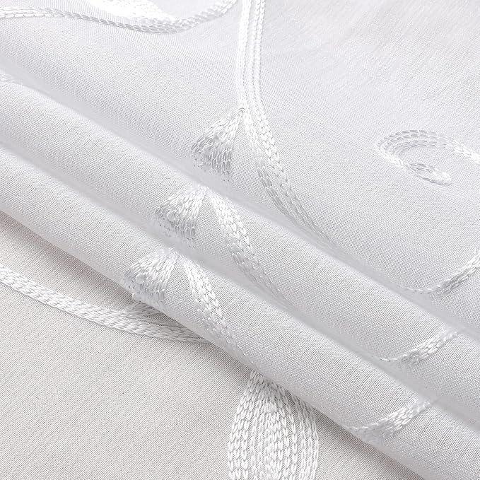 VISIONTEX Sheer Voile Curtains, Decorative White Leaves Embroidery Faux Linen Rod Pocket Window Drapes for Home Kitchen, Living Room and Bedroom 54 x 54 Inch, Set of 2 Curtain Panels