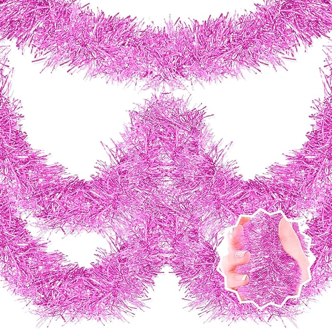 25 Feet Macaron Pink Christmas Tinsel Garland, Metallic Foil Twist Banner Wall Hanging Tinsel Streamers Backdrop for Parade Floats, Christmas, Mother's Day, Birthday Party Decorations(4in x 25ft)