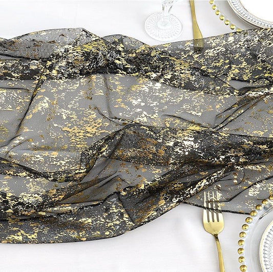 LOMOHOO 10 Ft Black Table Runner, Black Sheer Sequin Table Runners 120 Inches Long Glitter Metallic Foil Lace Fabric Table Decor for Birthday Party Wedding Anniversary Centerpiece (1pcs)