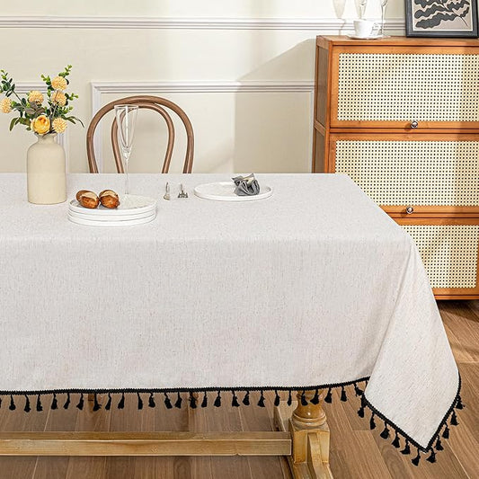 MYSKY HOME Table Cloth 60x102 in Rectangle Table, Cotton Tassel Linen Look Waterproof Tablecloths Farmhouse Tablecloth, Wrinkle Free Table Cover with Black Tassels for Kitchen Dining, Party