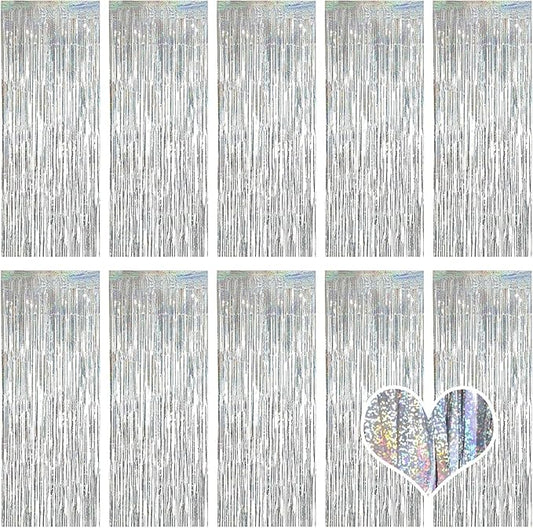 10 Pack Silver Backdrop Curtain 3.2ft x 8.2ft Metallic Tinsel Foil Fringe Curtains Photo Booth Background for Birthday Party Decoration Baby Shower Engagement Wedding Christmas Decoration (Silver)