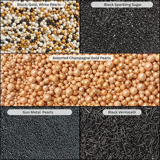 Confect Masquerade Sprinkles Mix – Champagne Gold & Black Pearl Dragees, Black Jimmies & Sparkling Sugar | Edible Sprinkles for Cakes, Cupcakes & Desserts | Vegan, Gluten-Free, Nut-Free, Soy-Free, Dairy-Free, Palm Oil-Free- 5 Oz