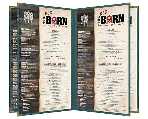 Goodsmart Pajco Style Restaurant Menu Covers – Pack of 10, Side-Loading Menu Holders, Single Stitched Edge, Clear Vinyl Menu Sleeves, Leatherette Trim, Gold Corners, Green, 6 View (8.5" x 14")