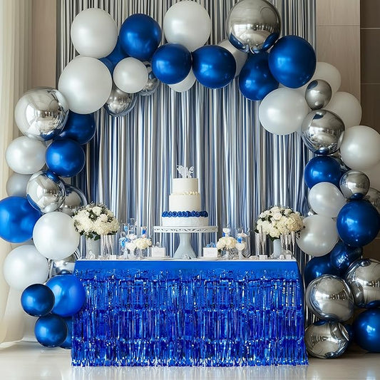 3 Pack Blue Series Table Skirts, 29x108" Metallic Foil Tinsel Fringe Table Skirt for Rectangle Tables Streamer Curtains Backdrop, Party Decorations for Birthdays, Weddings, Holidays