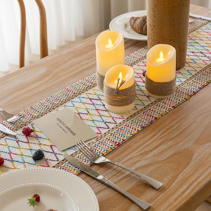 Keketo Boho Table Runner Colorful for Home Decor 12x72 Inches Farmhouse Macrame Burlap Jute Rustic Dining Kitchen Centerpiece Bohemian Decor French Country Baby Bridal Shower Decorations