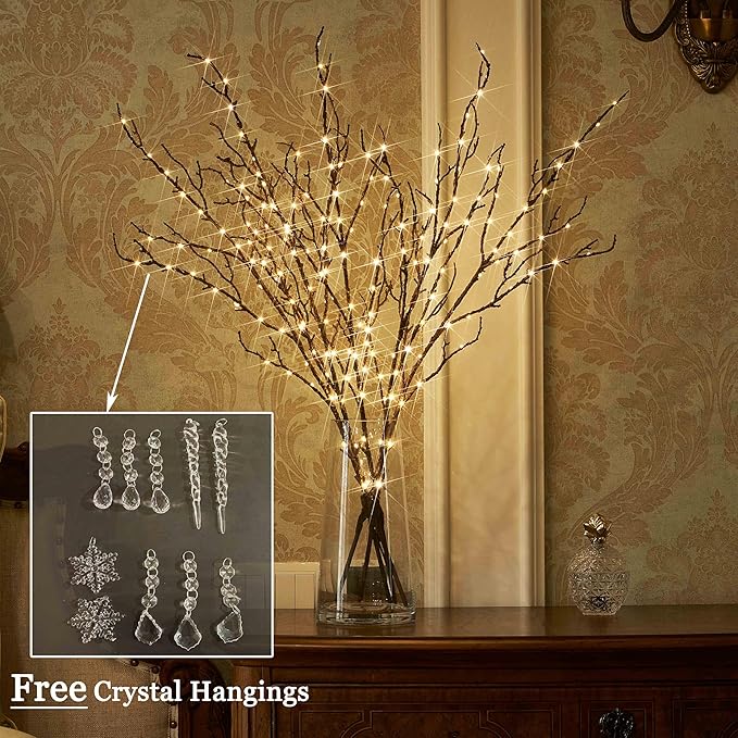 Hairui Lighted Brown Twig Branches Plug in with Dimmer and Timer 32IN 200 LED Fairy Lights, Lighted Willow Branches for Indoor Outdoor Home Room Christmas Decoration (Vase Excluded)