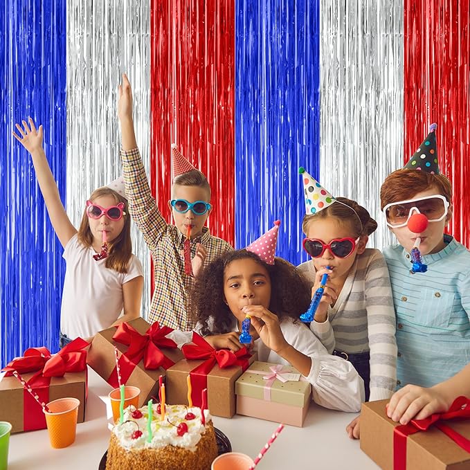 12 Pack 4th of July Decorations, 3.28 FT x 7.05 FT Patriotic Tinsel Backdrop, Metallic Blue Silver Red Fringe Curtains Party Streamer Foil Backdrop, Independence Day Party Supplies Patriotic Decor
